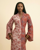 Obala Two-Tone Adire A-Line Dress with Bell Sleeves - front-facing view