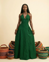 Kiakia Ankara Halter Maxi Dress - Deep V-Neck, Flared Skirt - front-facing view