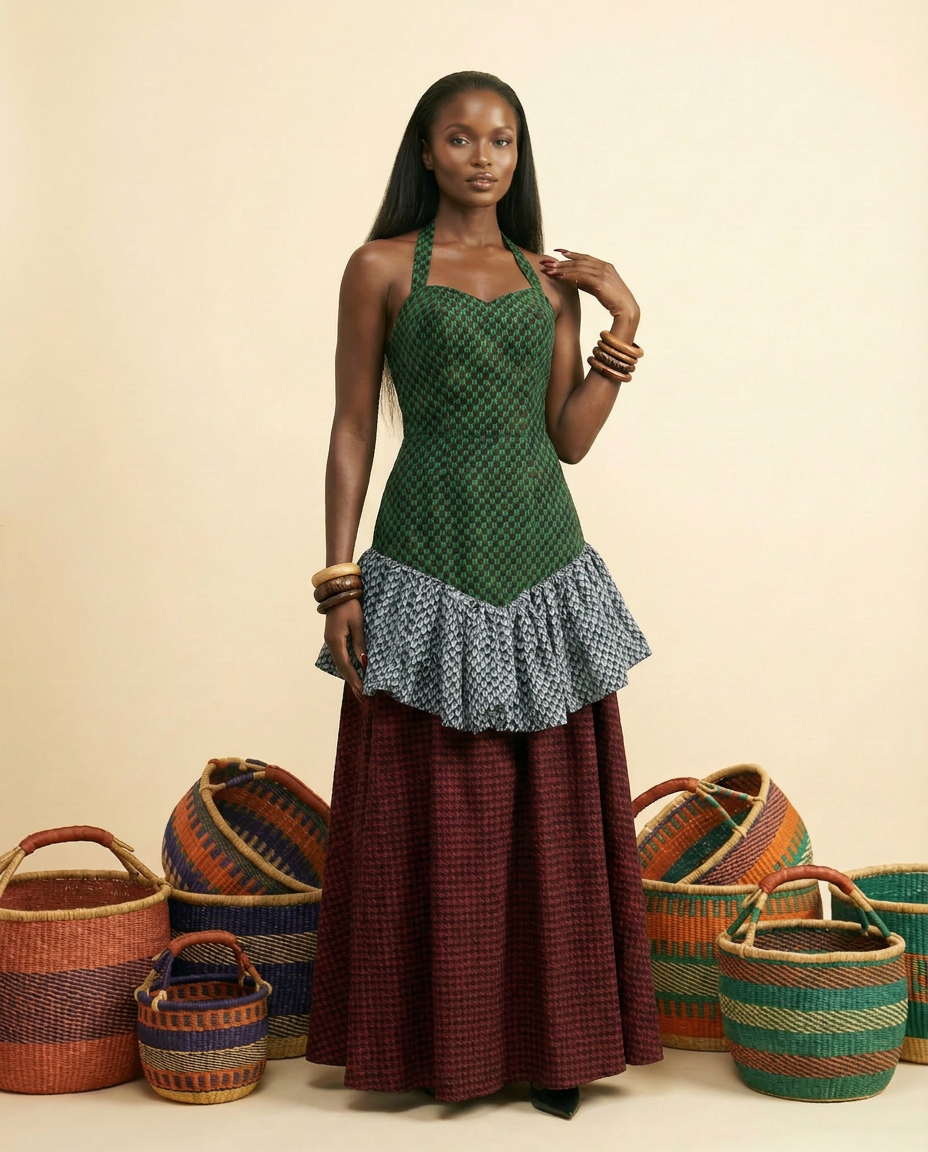 Hohah Ankara Halter Dress - Asymmetric Layered Print - front-facing view