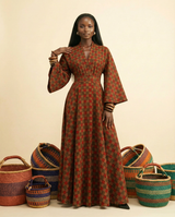 Nkwu Luxe Ankara Maxi Wrap Dress - Voluminous Bell Sleeves - front-facing view