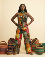 Inyom Ankara Faux-Silk Frill Turtleneck Jumpsuit - front-facing view