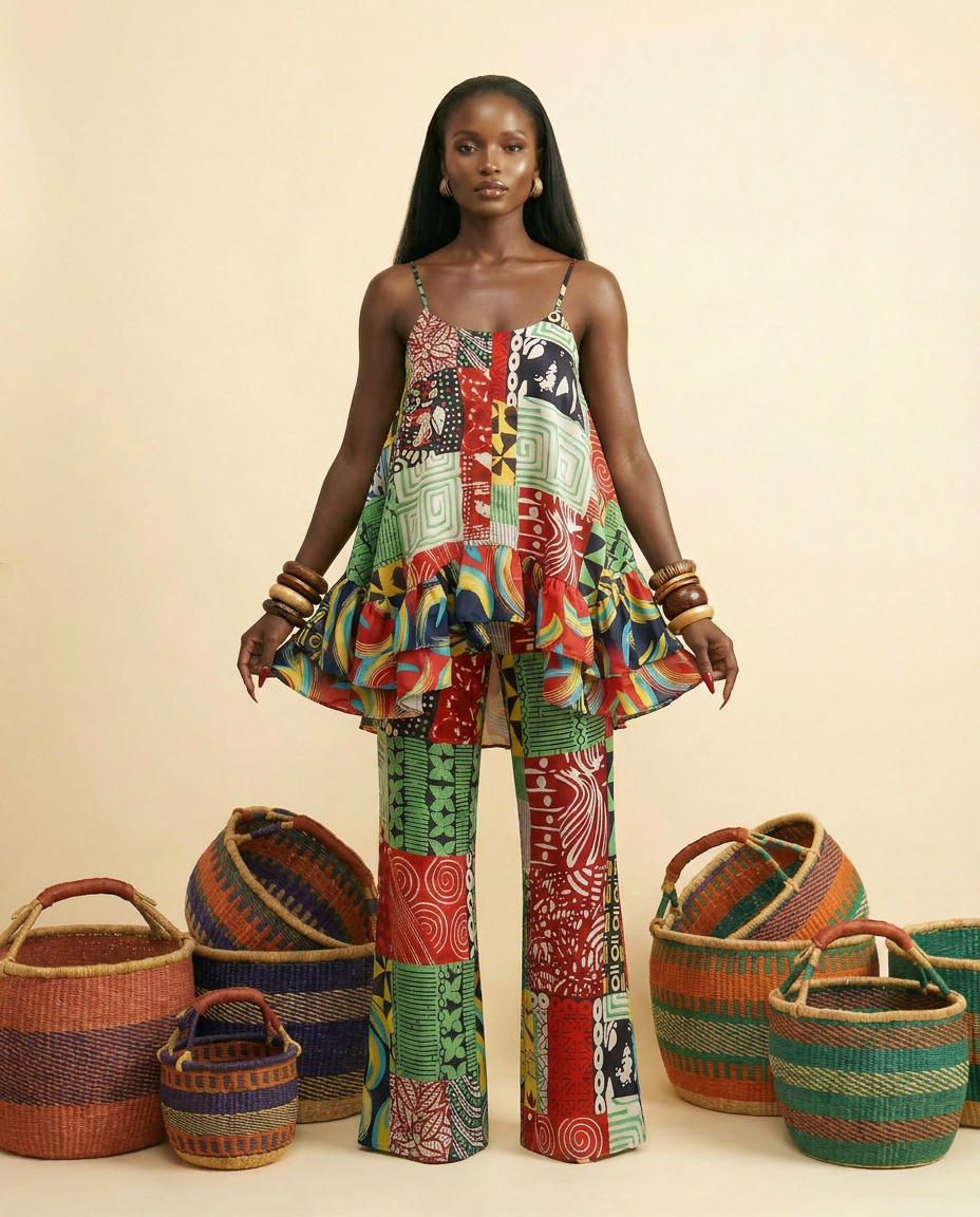 Nyanyi Ankara Faux Silk Two-Piece: Layered Camisole & High-Waisted Pants - front-facing view