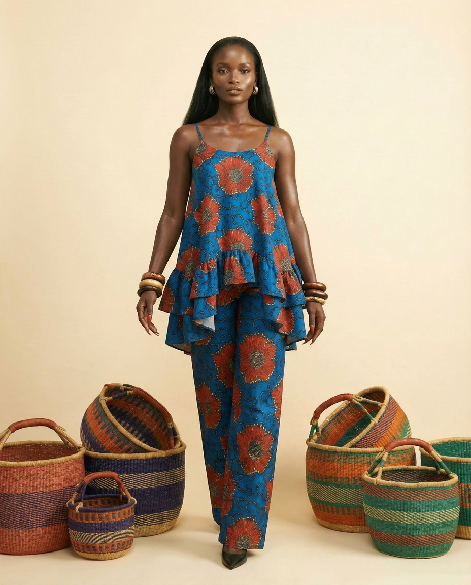 Osundu Silk Ankara Two-Piece: Effortless Chic & Comfort - front-facing view