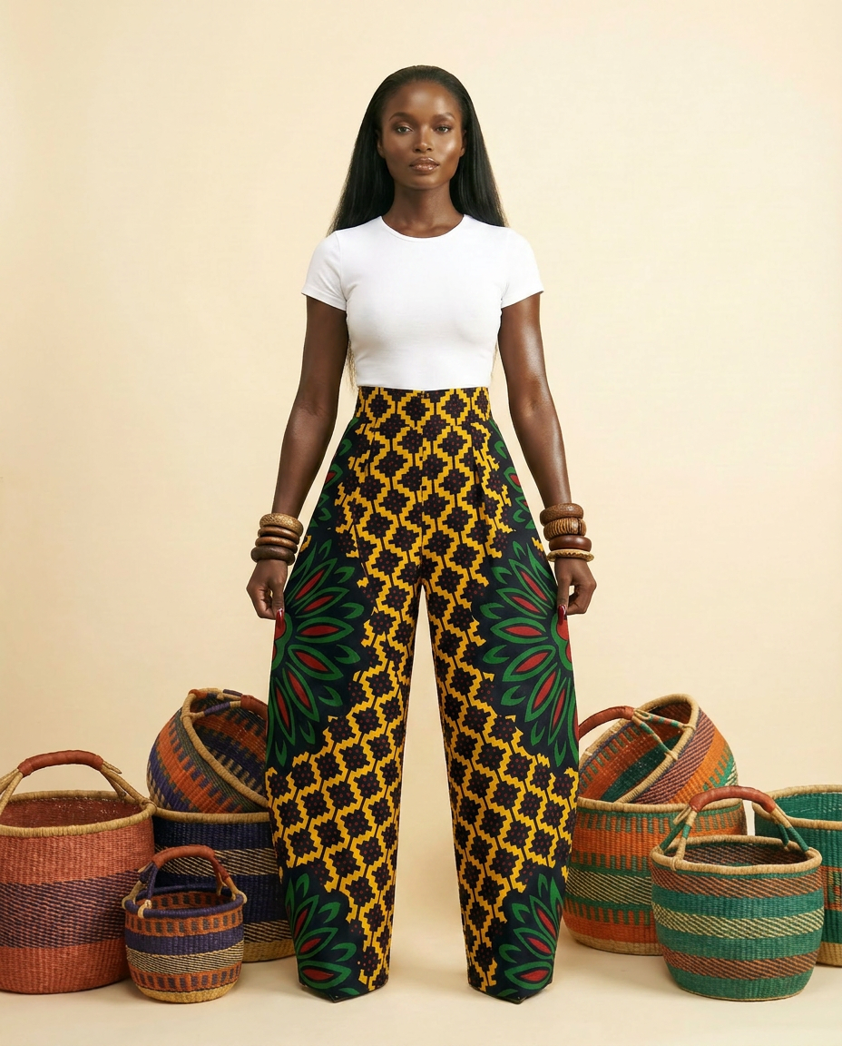 Uwa Ankara Cotton High-Waist Wide-Leg Trousers - front-facing view