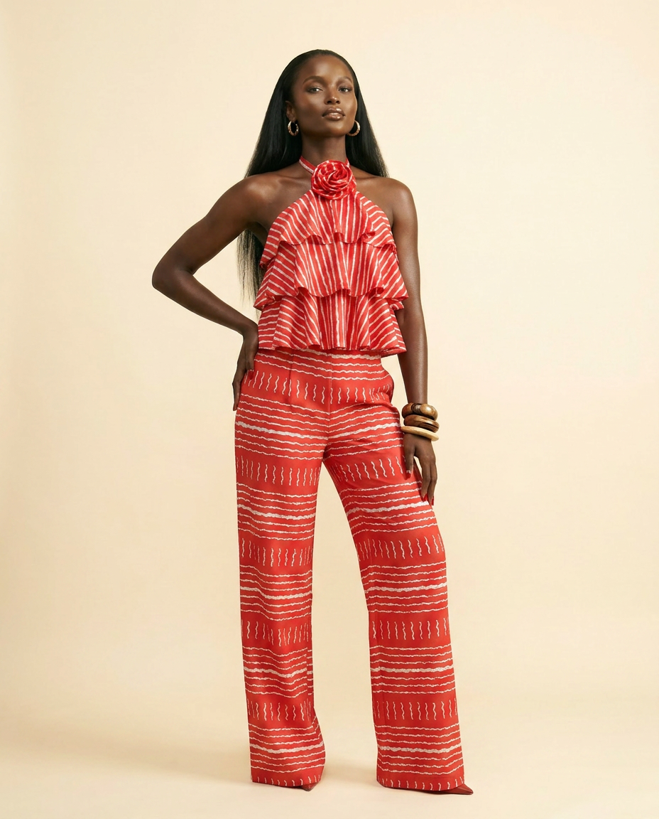 Crimson Bloom Halter Set: Chic Ruffle Top & Wide-Leg Trousers - front-facing view