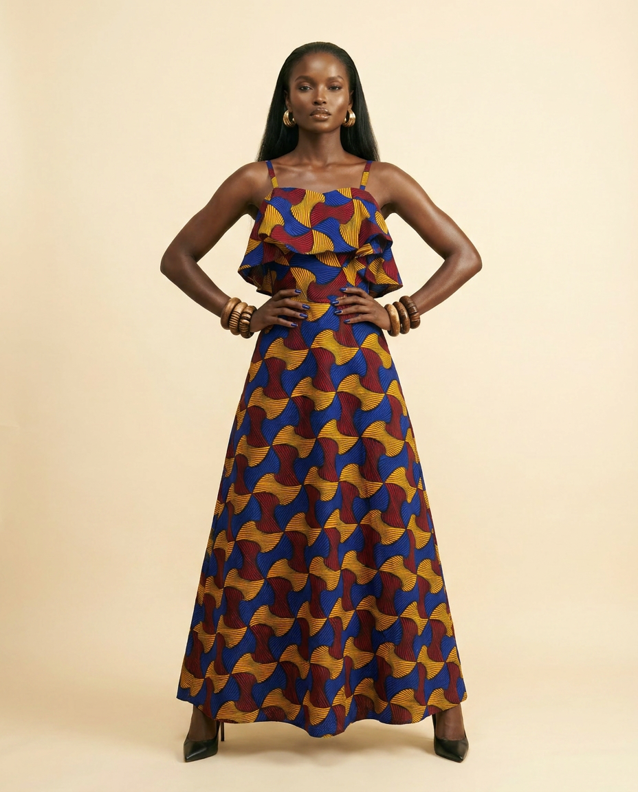 Ankara Flounce Maxi Dress - Vibrant Print, Fitted Waist - front-facing view