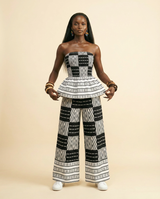 Chic Geo Print Peplum & Culottes Set - Black & White - front-facing view