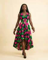 Ankara V-Neck A-line High-Low Maxi Dress: Floral & Geometric Print - front-facing view