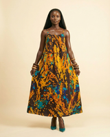 Adire Bloom Maxi Dress - Elegant Stretch Print Gown - front-facing view