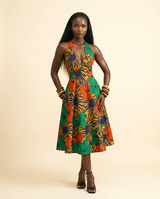Umueze Ankara Halter Midi Dress | Open-Back Fit-and-Flare with Pockets - front-facing view