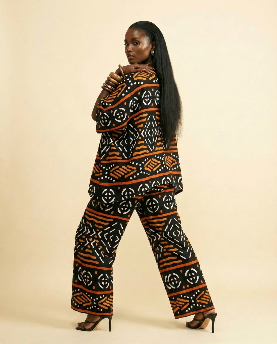 Chic Silk Blend Kaftan Set: Relaxed Top & Wide-Leg Trousers - back view