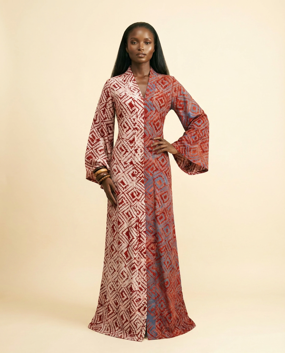 Obala Two-Tone Adire A-Line Dress with Bell Sleeves - front view