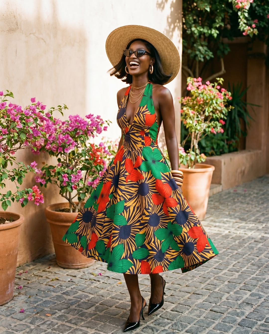 Umueze Ankara Halter Midi Dress | Open-Back Fit-and-Flare with Pockets