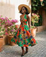Umueze Ankara Halter Midi Dress | Open-Back Fit-and-Flare with Pockets