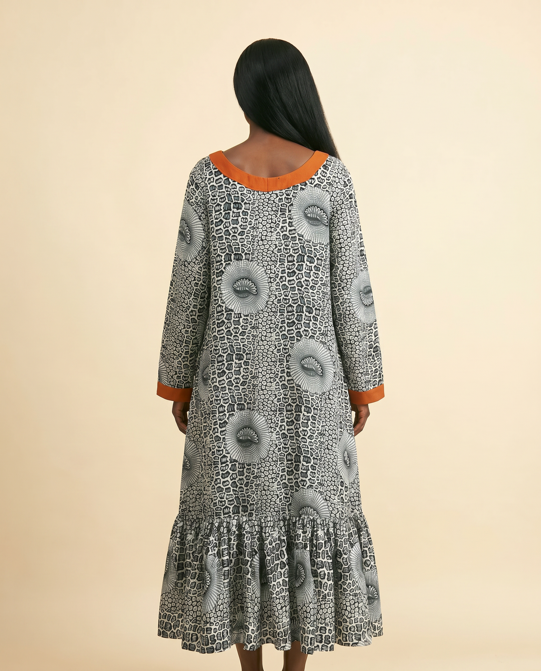 Alucham Ankara Silk Maxi Dress - Bell Sleeve, Aso-Oke Trim