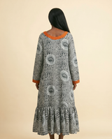 Alucham Ankara Silk Maxi Dress - Bell Sleeve, Aso-Oke Trim