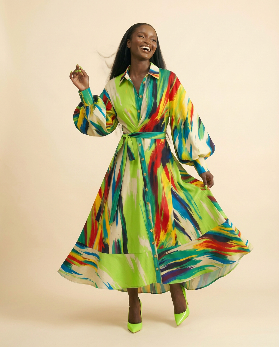Okeofia Crepe Dress - Vibrant Multicolored Midi