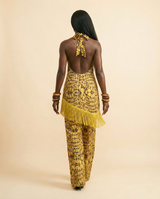 Ntutu Ankara Faux Silk Halter Set - Tassel Trim & Wide-Leg Pants