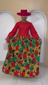 Mmirimma Dress – lined one-piece gown with red Aso Oke bodice and floral Ankara maxi skirt