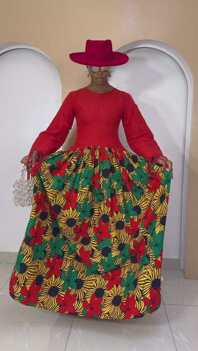 Mmirimma Dress – lined one-piece gown with red Aso Oke bodice and floral Ankara maxi skirt