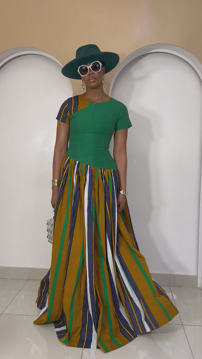 Okaaomee Dress – one-piece gown with green Aso Oke top and striped Ankara maxi skirt