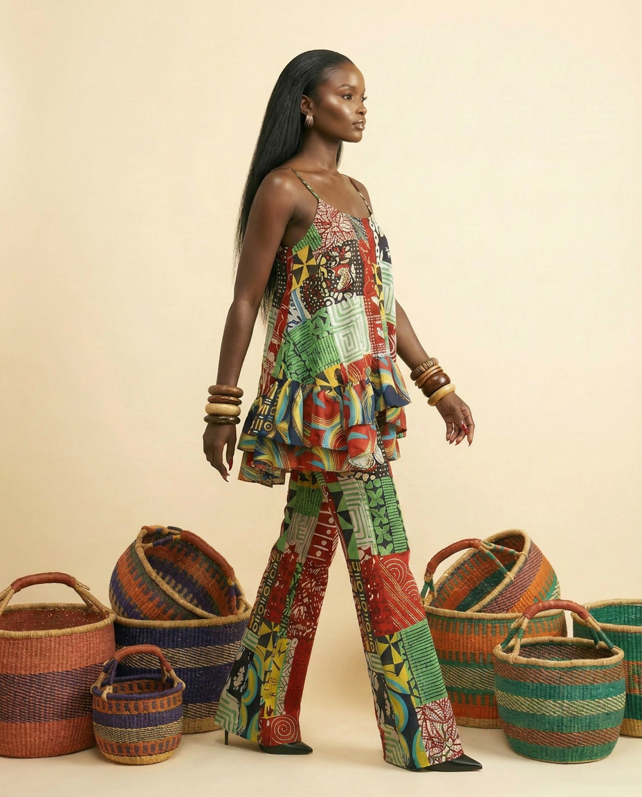 Nyanyi Ankara Faux Silk Two-Piece: Layered Camisole & High-Waisted Pants - side view