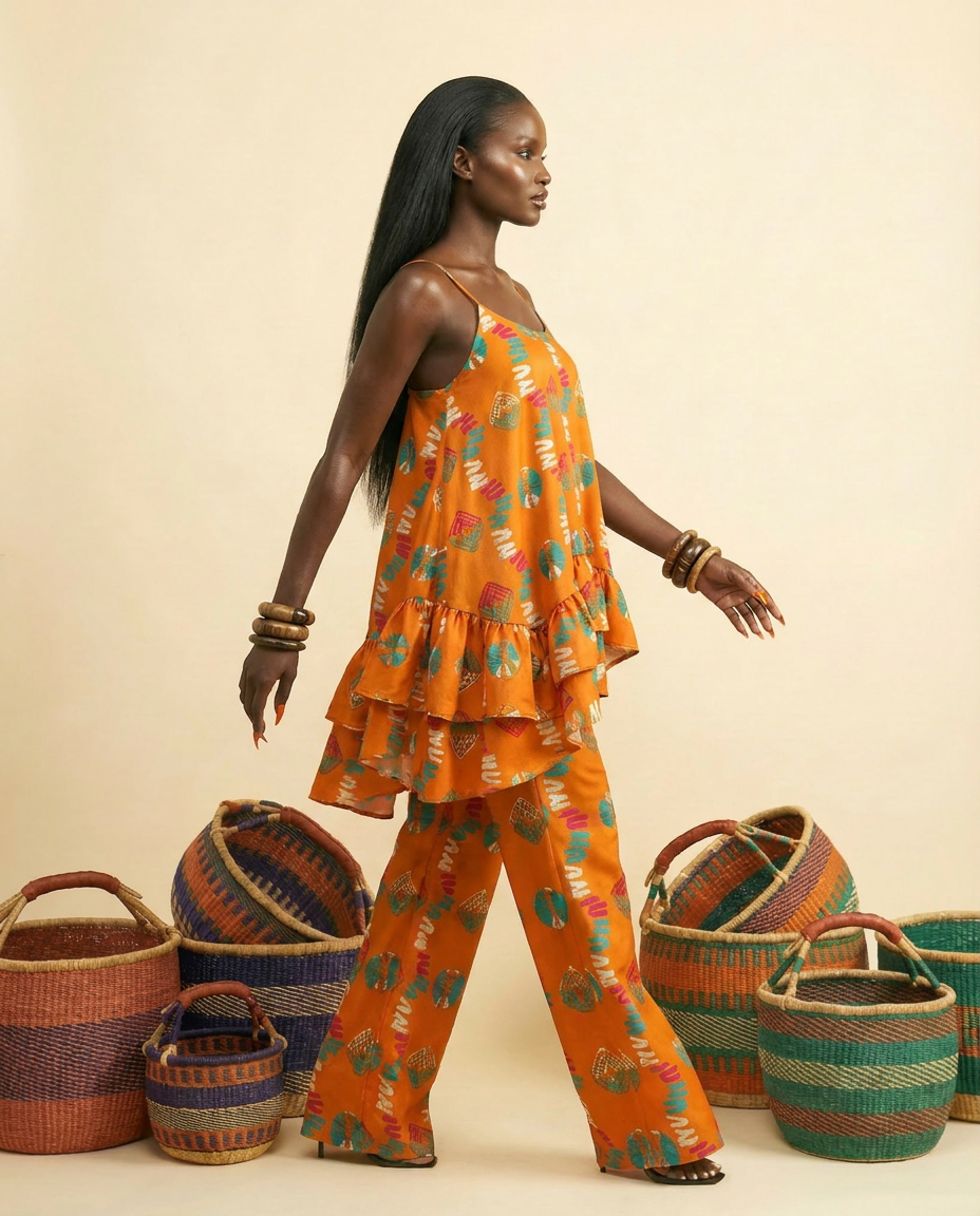 Imenne Ankara Silk Set: Chic Two-Piece Camisole & High-Waisted Pants - side view