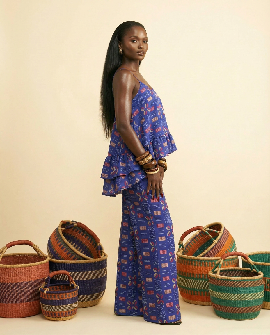 Ikuchi Ankara Faux Silk Tiered Camisole & Wide-Leg Trouser Set - side view