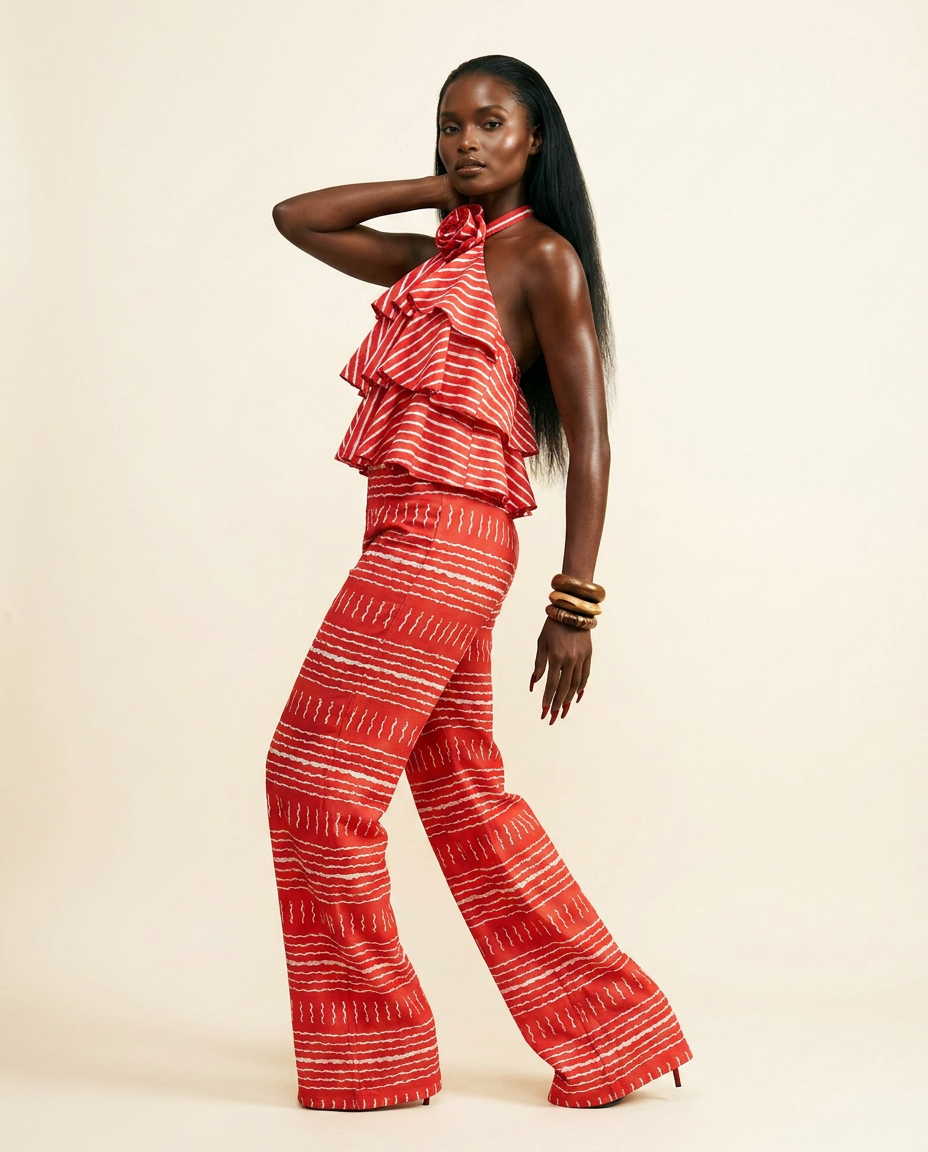 Crimson Bloom Halter Set: Chic Ruffle Top & Wide-Leg Trousers - side view