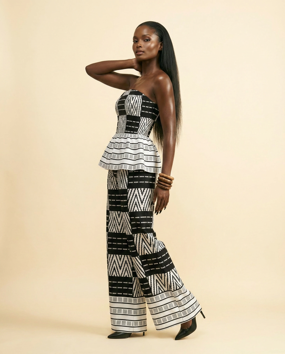 Chic Geo Print Peplum & Culottes Set - Black & White - side view