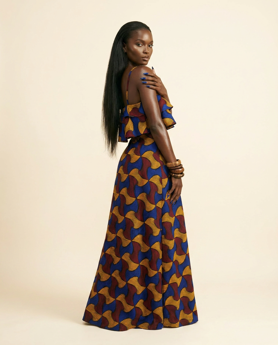 Ankara Flounce Maxi Dress - Vibrant Print, Fitted Waist - side view