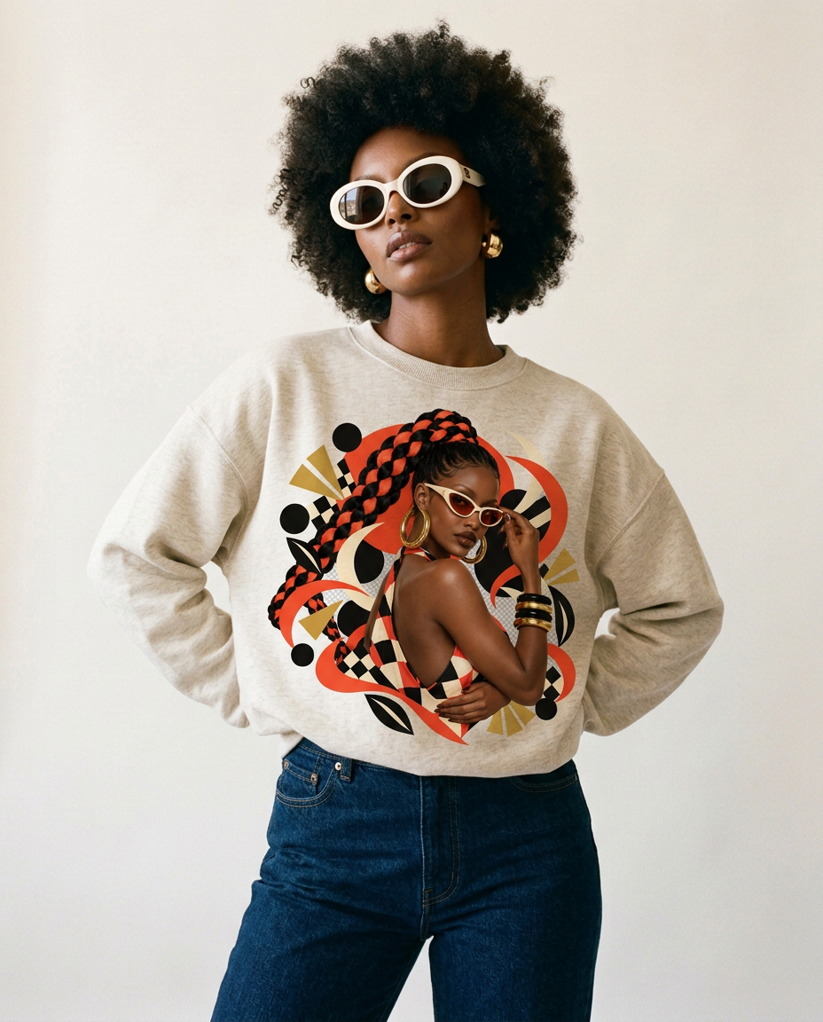 Afro Chic Crewneck Sweatshirt — Bold Red Braids Graphic