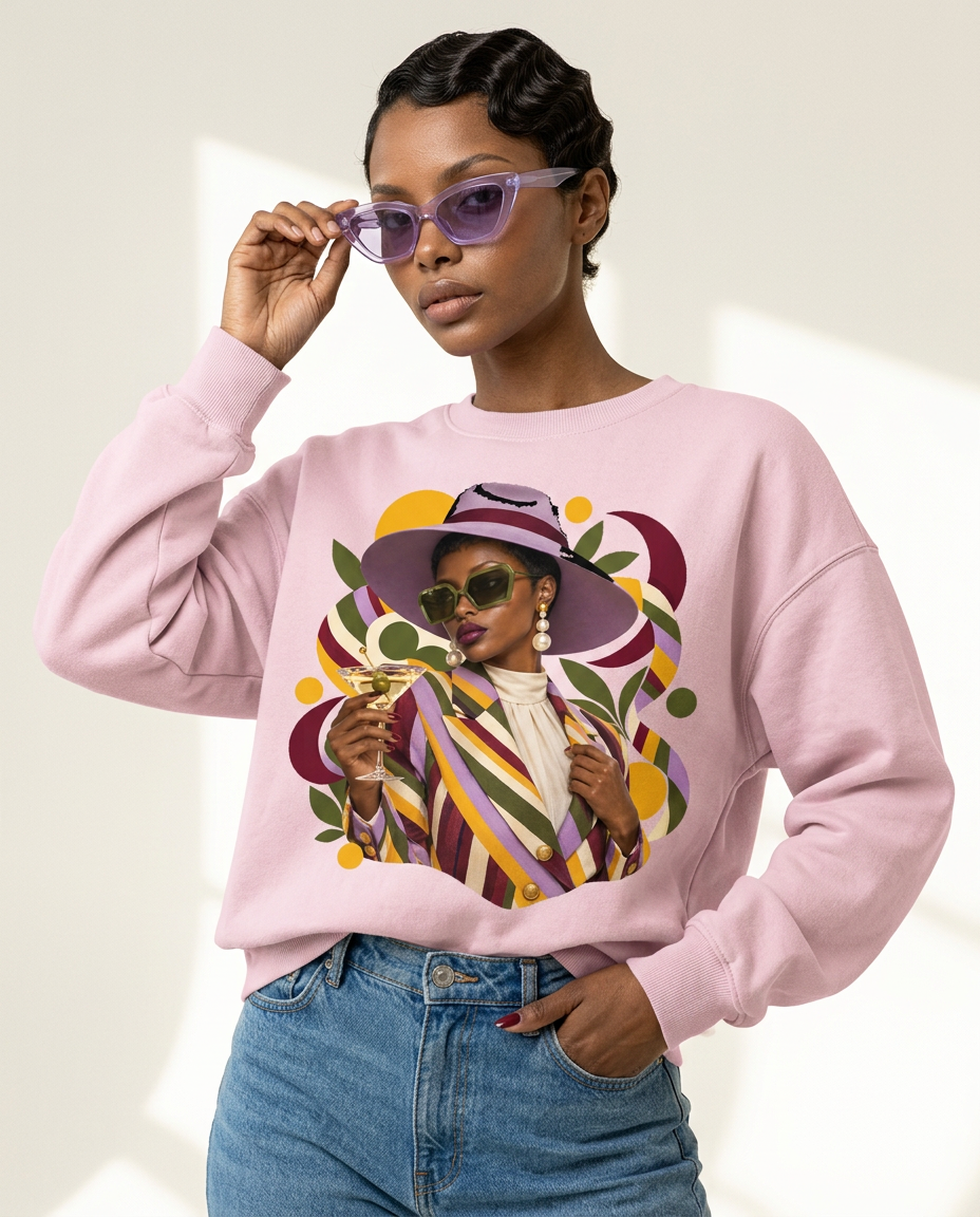 Crewneck Sweatshirt — Retro Chic Black Woman Portrait Graphic