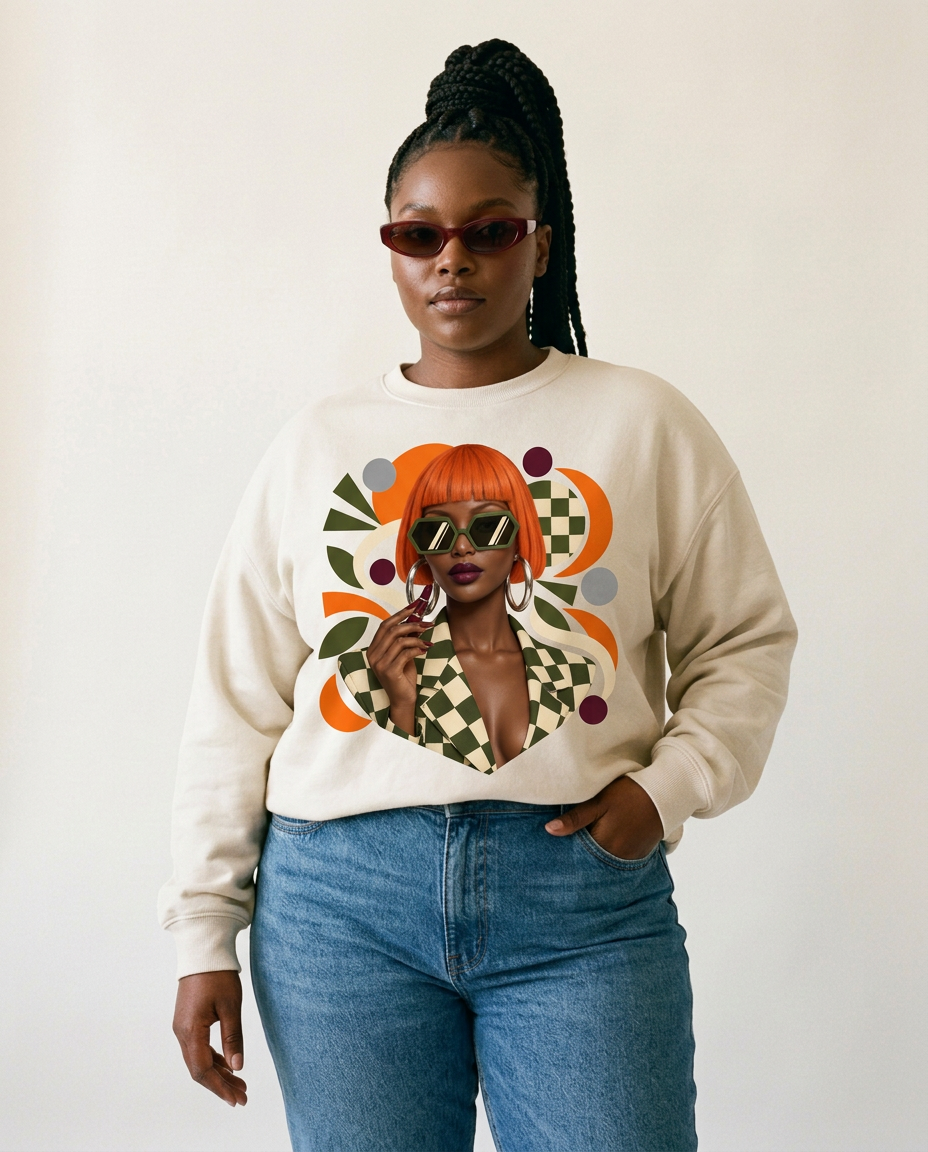 Retro Orange Bob Fashion Illustration Sweatshirt | Vintage Geometric Portrait