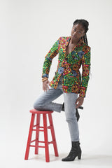 Multicolored and patterned collared blazer with pockets.