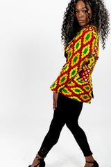 Multicolored and patterned collared blazer with pockets.